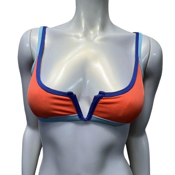 Color Block Bikini Top Orange Blue Retro V-Cut Athletic Swim Medium Ribbed - Picture 13 of 16